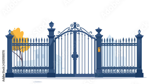📝 CAPTION:

Ornamental iron gate with fence and tree, flat design vector illustration