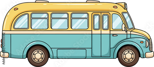 Vintage blue and yellow cartoon bus illustration.