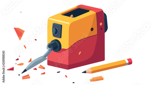 Electric pencil sharpener with pencil and shavings, flat design vector illustration.