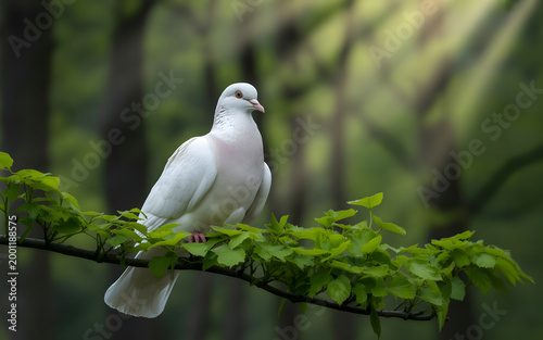Close__up of a white pigeon on a green tree branch in the forest.