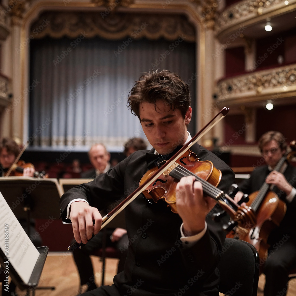 Fototapeta premium Noir Orchestra Elegant. A Close-Up Shot Of A Violinist Playing In A Classic Theatre During A Music Concert