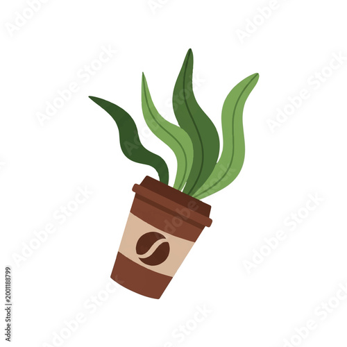 A brown biodegradable coffee cup partially transforming into floating green seaweed kelp leaves, symbolizing plastic-free packaging innovation, minimalist flat vector artwork, clipart style,
