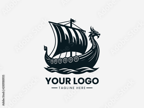 Viking Drakkar Ship black vector logo white background
