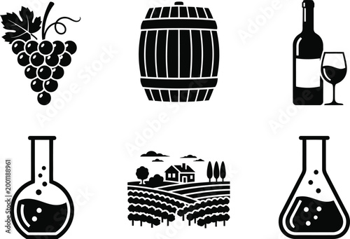 A collection of six distinct black-and-white icons representing various themes and objects Vector