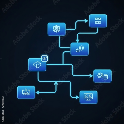 This infographic shows a complex network diagram with glowing blue nodes and arrows on a dark background representing data flow and connectivity in a futuristic technological