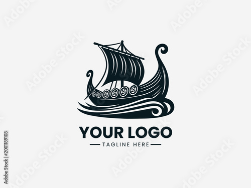 Viking Drakkar Ship black vector logo white background