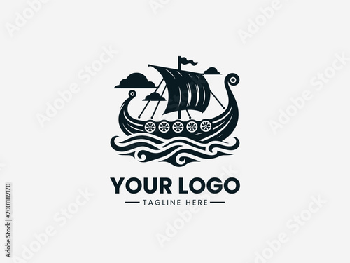Viking Drakkar Ship black vector logo white background