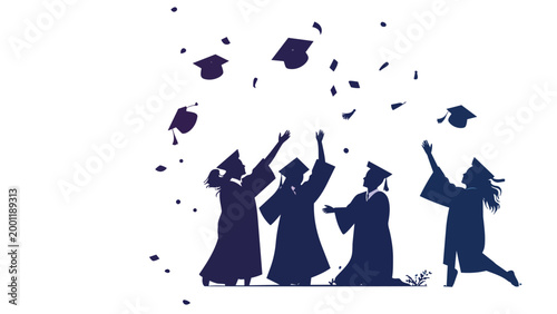 Graduation silhouette of students throwing caps in the air, vector illustration