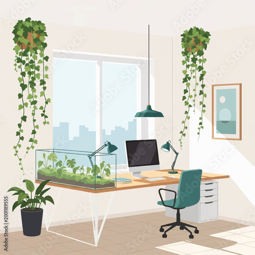A modern workspace interior featuring a desk integrated with a glass terrarium and climbing ivy vines on the walls. High-key lighting, airy atmosphere. Minimalist flat vector artwork, clipart