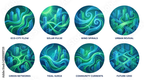 Eight eco friendly abstract circular designs with green and blue swirls