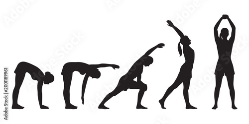 Silhouette of woman performing various yoga poses and stretching exercises on white background vector illustration.