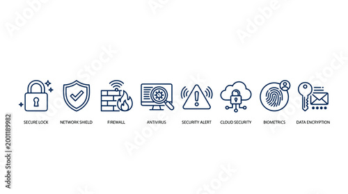 Set of cybersecurity icons including data protection and network security symbols