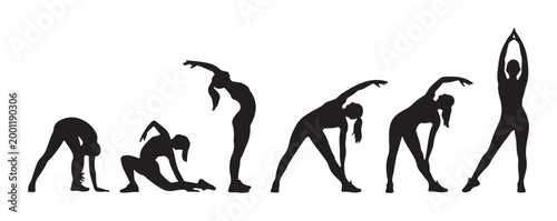 Silhouettes of women demonstrating different yoga poses and stretching sequences on white background.