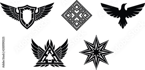 Intricate black vector designs heraldic shields diamonds birds stars high quality graphic elements