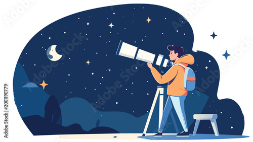 Man stargazing with telescope at night sky, flat design vector illustration