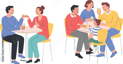People enjoying drinks together at table, social gathering friendship and family time flat vector illustration