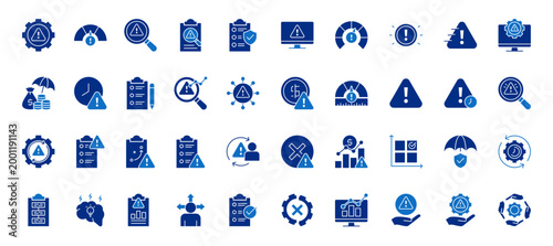 Risk Management Icon Set containing risk, identification, assessment, mitigation, monitoring, control, problem, threat and asset protection vector icons