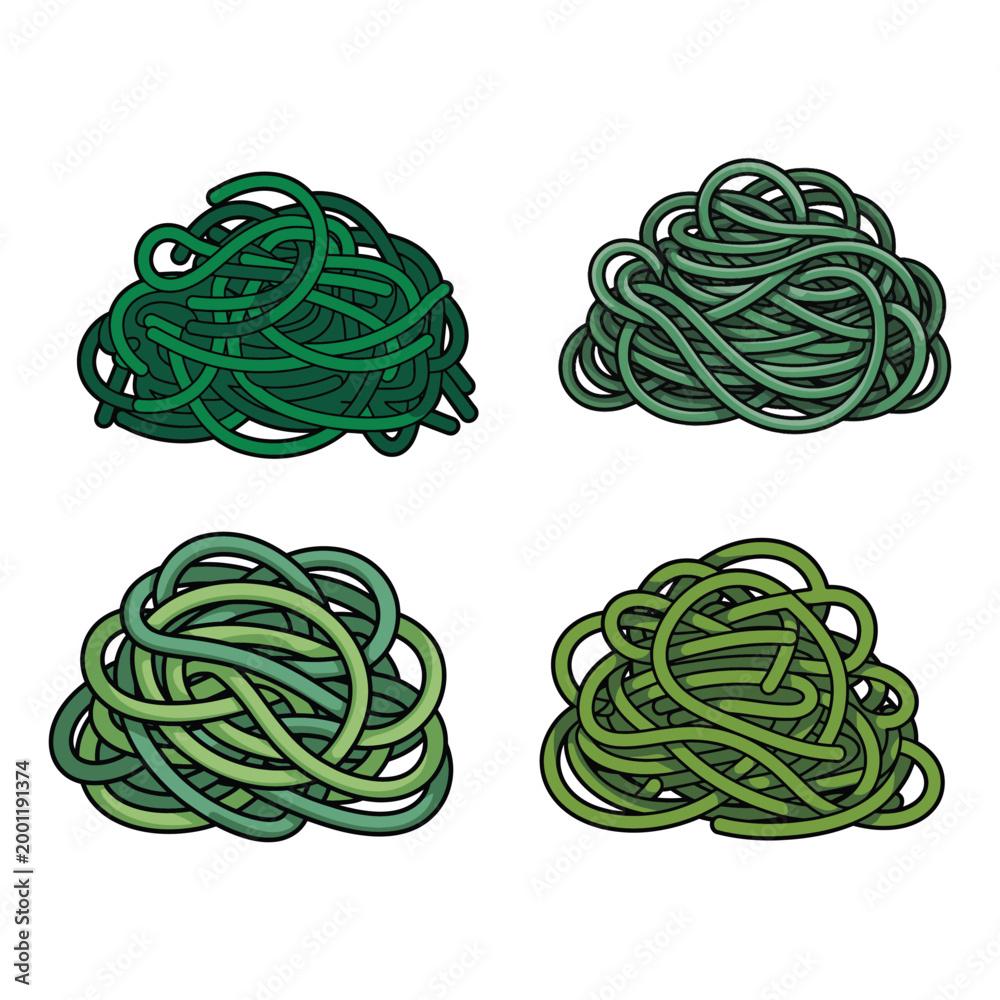 Obraz premium Chaotic green doodle tangled rope ball icon creative abstract line art vector