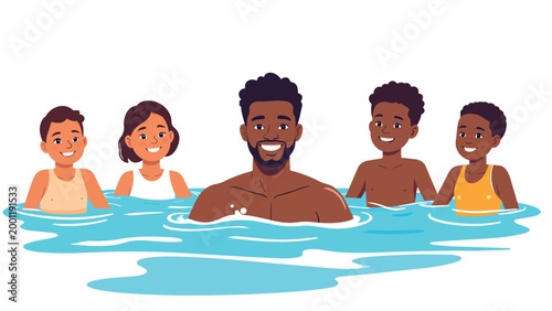 Happy  family swimming together in the pool or sea in flat design style. Cheerful father with children enjoying water activity and summer vacation concept. Perfect for family, recreati