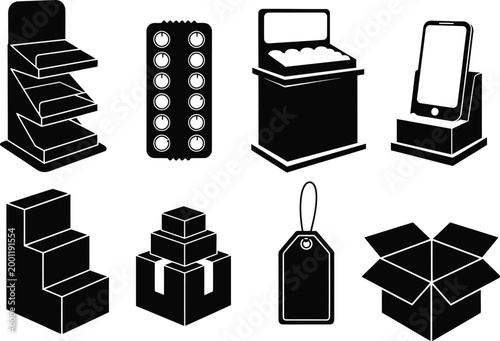 Various types of black stereo equipment and speakers on a white background Vector