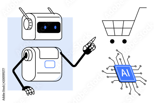E-commerce, automation, AI integration, robotics, retail technology, digital transformation. Robot gesturing toward shopping cart and AI chip. E-commerce and automation concepts