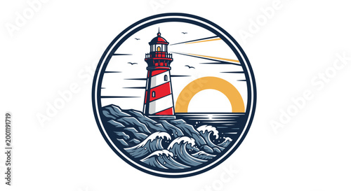 Lighthouse standing tall on rocky shore.