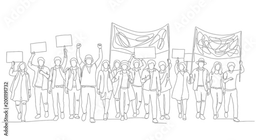 Protesters holding signs and banners together.