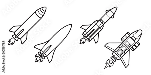 Line art illustration of various rockets and spaceships launching into space, depicting different designs.