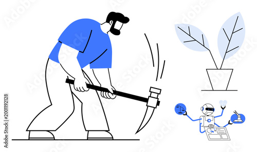 Role of labor, automation, sustainable growth, technology innovation, manual work, robotics transformation. Man using a pickaxe, robot multitasking and plant growth symbolism. Labor and automation