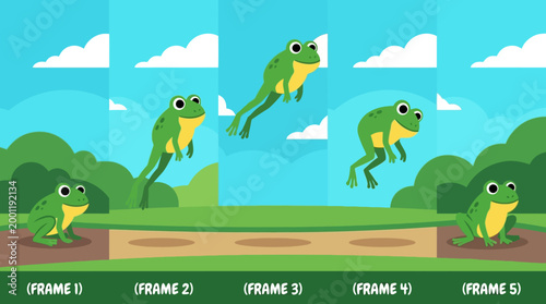 Animated cartoon frogs jumping in sequence.