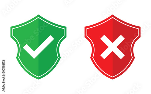 Green checkmark and red cross shields isolated on white background