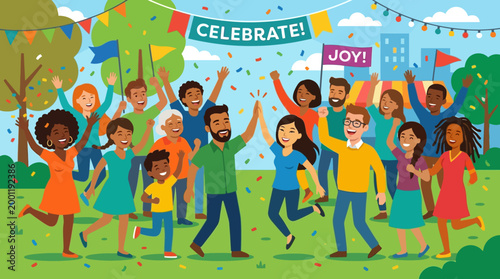 Diverse group of people celebrating outdoors.