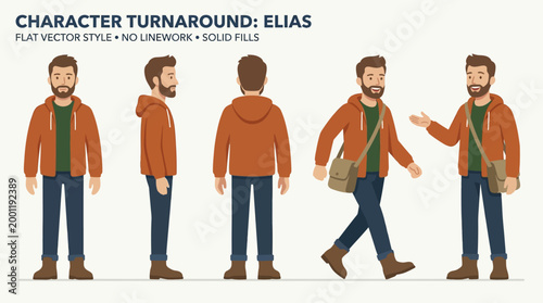 Character turnaround of a man in casual wear.