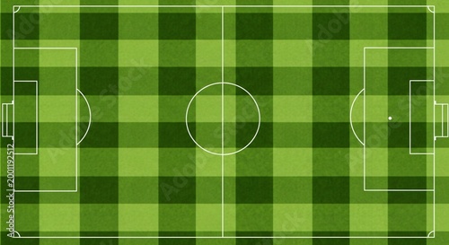Green soccer field with white lines and goals on a plaid pattern