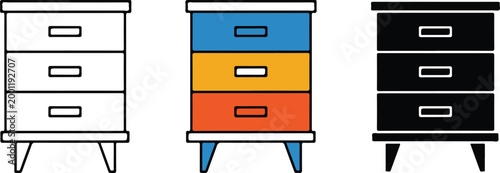 Modern bedside nightstand chest of drawers vector set in colorful flat line art and black silhouette icon styles, isolated on white background.