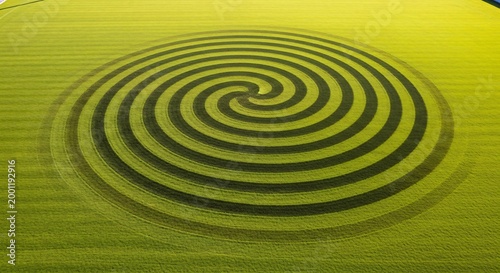 Aerial view of a large spiral design on a vibrant green field with a maze-like pattern.