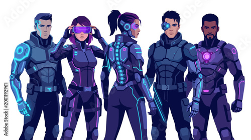 Group of five futuristic superheroes in purple and blue armor standing together