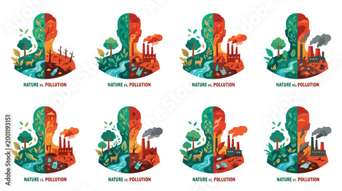 Eight colorful pollution icons with cityscapes and industrial elements