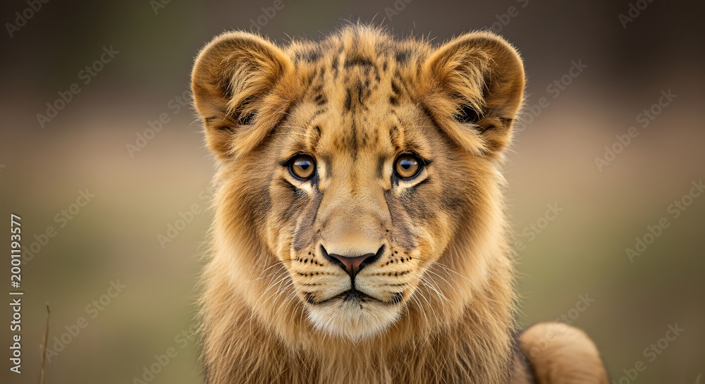 Obraz premium A lion cub stares directly at the camera with intense gaze in savannah