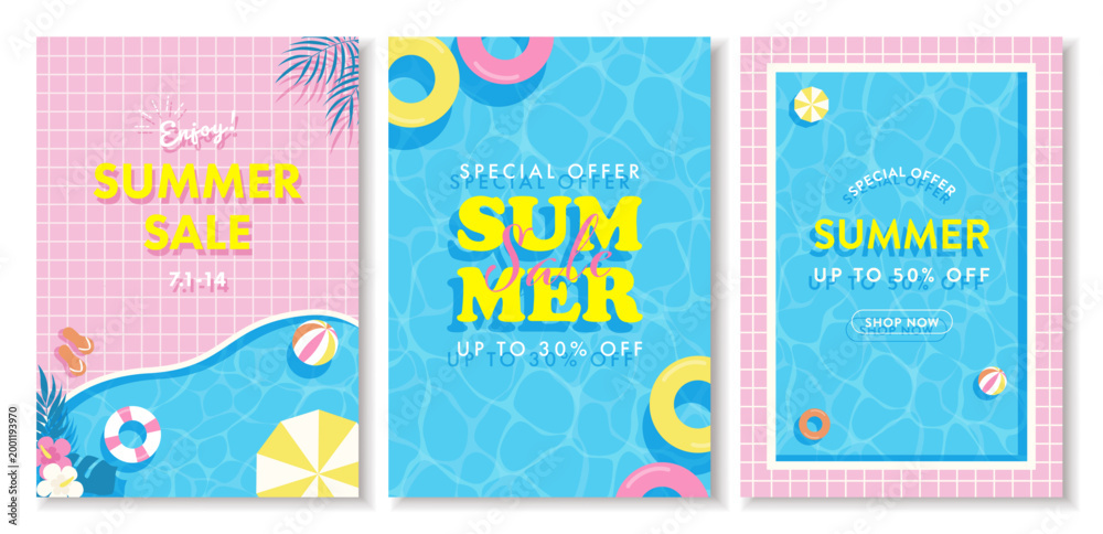 Obraz premium 夏のセールとプールをイメージしたポスターデザインのベクターイラスト背景セット 縦
