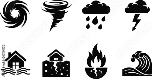Illustrations of various natural and man-made disasters on a dark background Vector