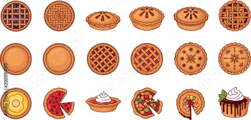 Pie and tart dessert set with different fillings vector illustration collection baked pastry sweets isolated bakery food design pack