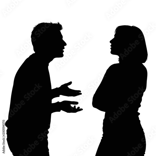 Silhouette of a couple arguing, with the man gesturing emphatically and the woman looking away with crossed arms.