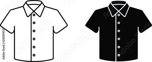 Short sleeve men's button down shirt vector icon set featuring casual summer apparel in black outline and solid silhouette styles isolated on white background.