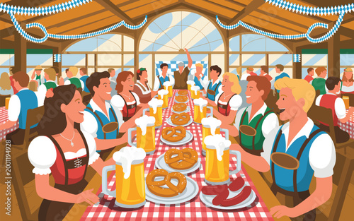 People in traditional Bavarian clothing, drinking beer and eating pretzels at an Oktoberfest festival
