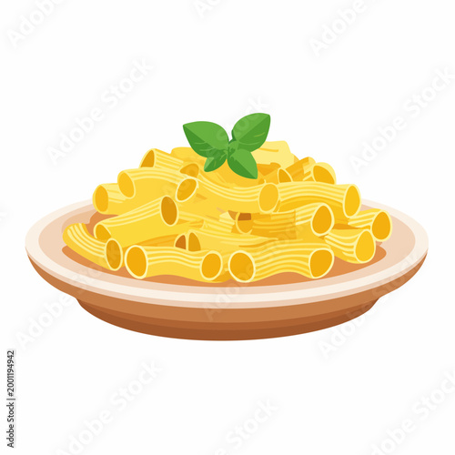 Delicious Rigatoni Pasta Dish with Fresh Basil Garnish Served on a Simple Plate