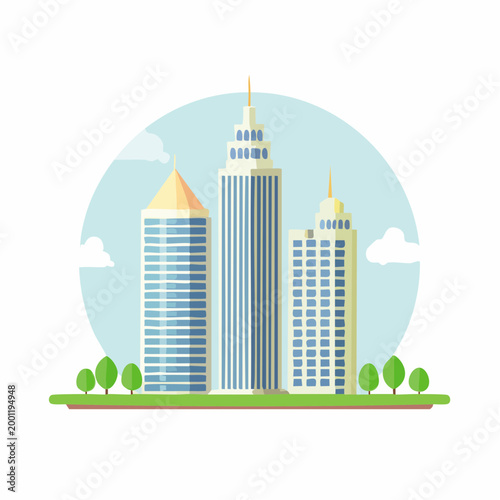 Modern city skyline with tall glass skyscrapers and green trees under a cloudy sky
