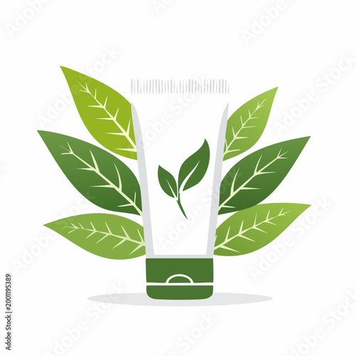 Organic beauty cream tube surrounded by fresh green leaves, representing natural skincare and cosmetic products.