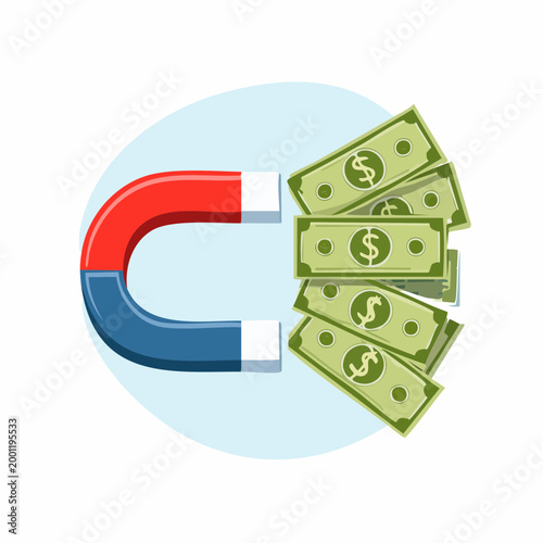 Horseshoe magnet attracting US dollar bills, representing financial gain and attraction of wealth.