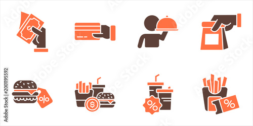 Food purchase and discount campaign icon vector set person paying meal burger fries drink offer coupon price promotion illustration